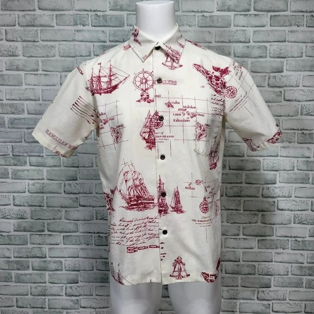Vintage Napili Hawaiian Islands Map Mens L Aloha Shirt‎ S/S Button Up Nautical